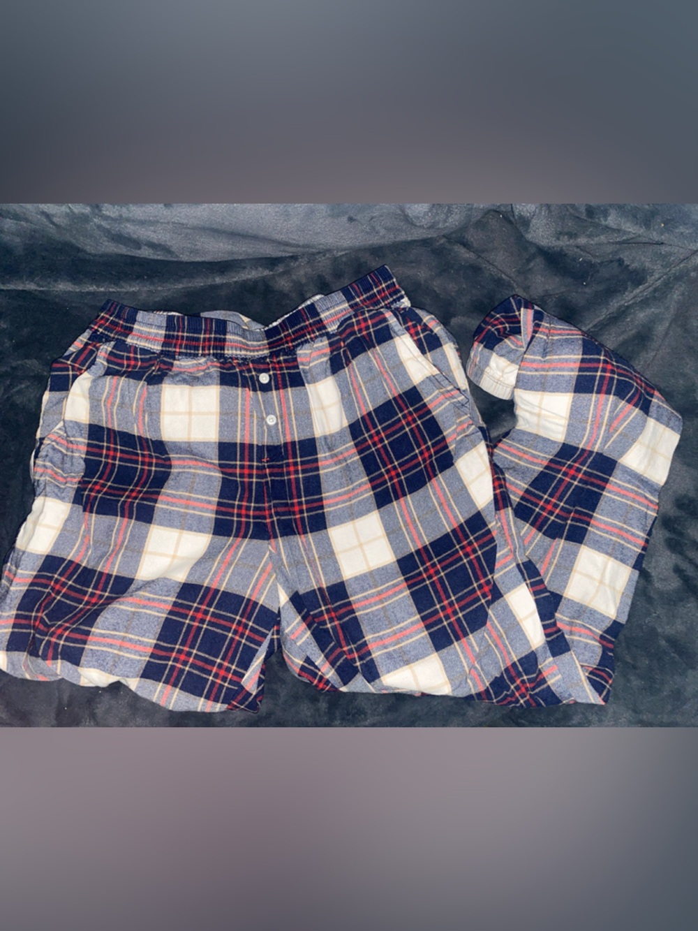 aerie Navy Plaid Button-Up Shirt with Red and Tan Stripes